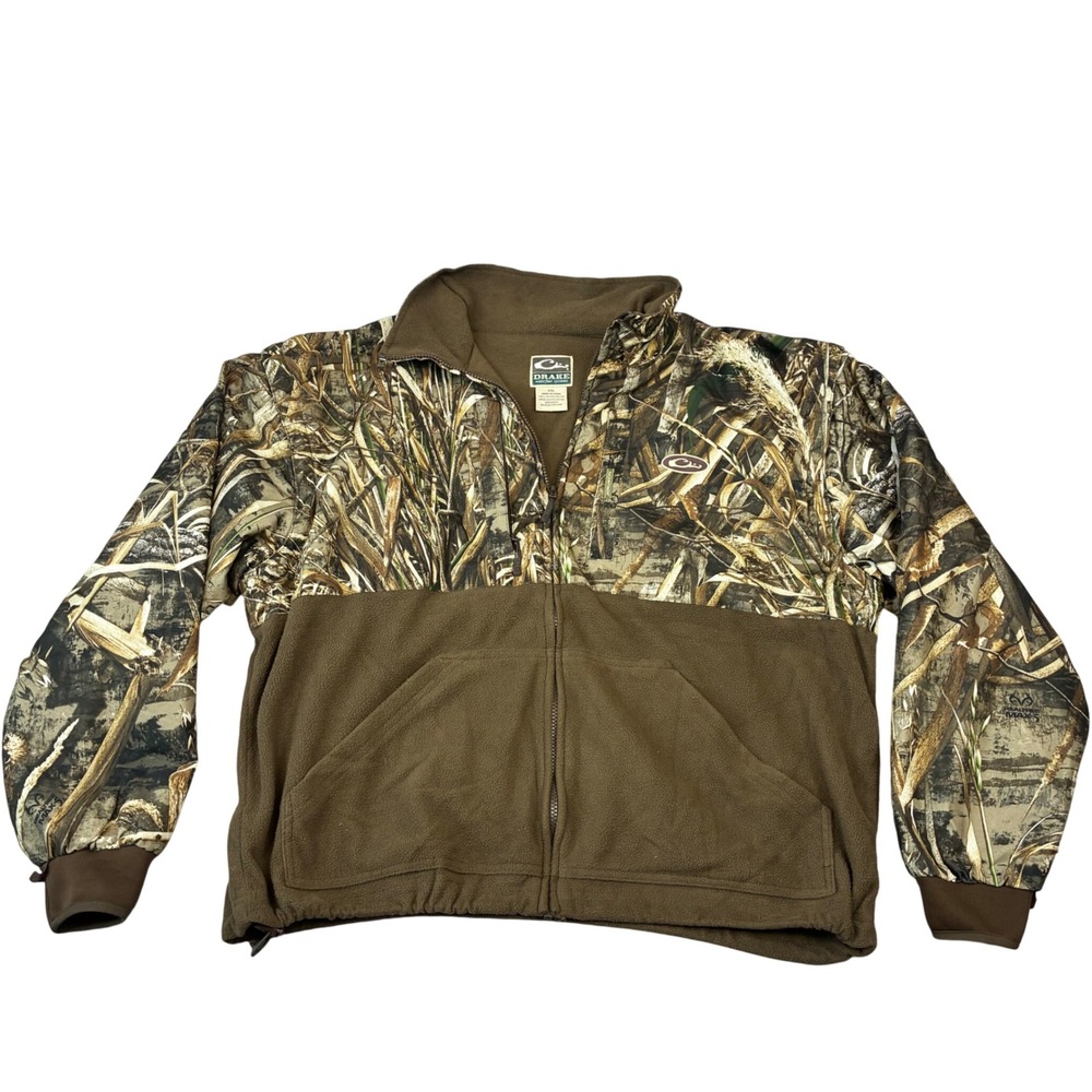 Drake Waterfowl Jacket Mens 2XL Brown Realtree MAX-5 Camo Fleece Full Zip Coat